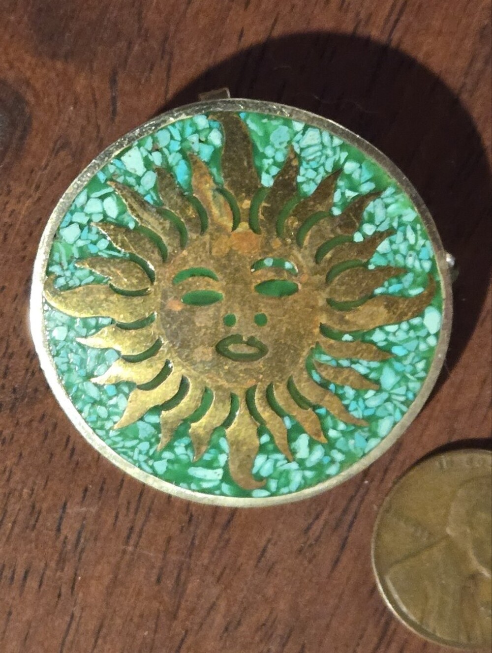 Taxco Gold Sun Face Brooch with Green Turquoise Mosaic
